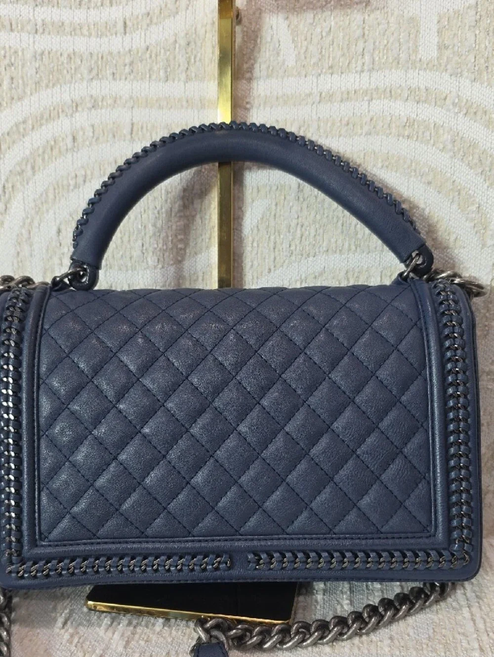Chanel Boy Large Quilted Navy Leather Chain Top-Handle Shoulder Bag