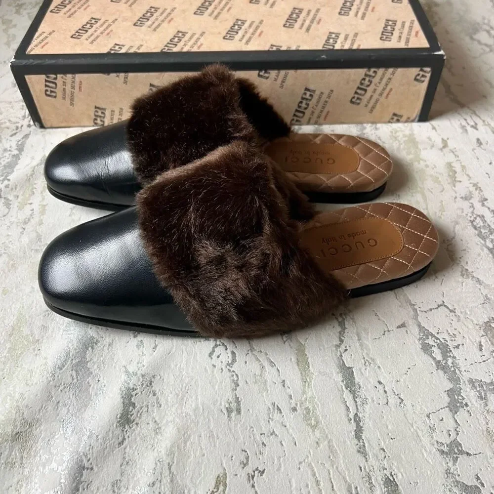 Gucci S/S 2018 Faux Fur Trim Mule Slide Slipper M6 / W8