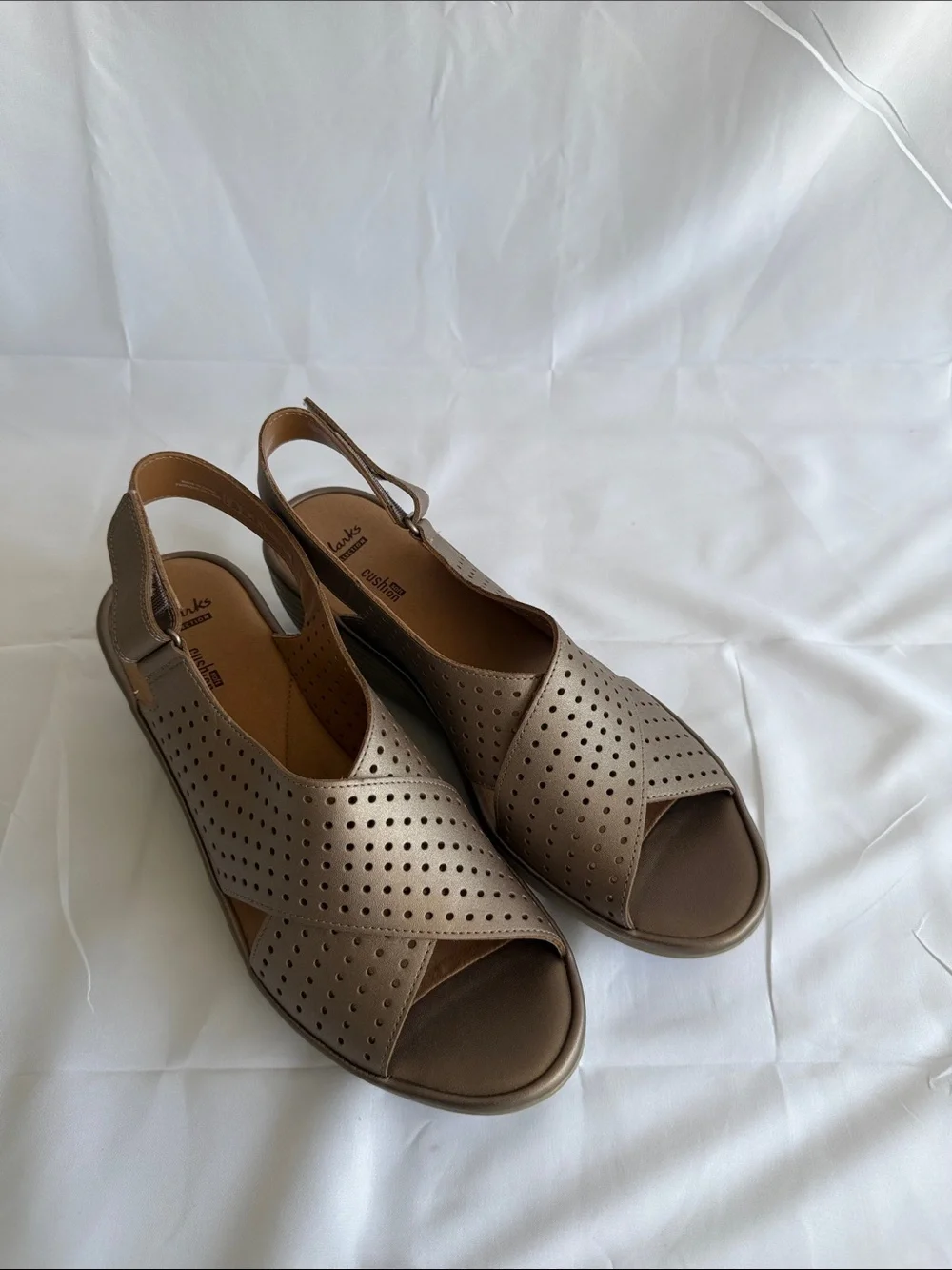 Clarks Bronze Perforated Slingback Wedge Sandals
