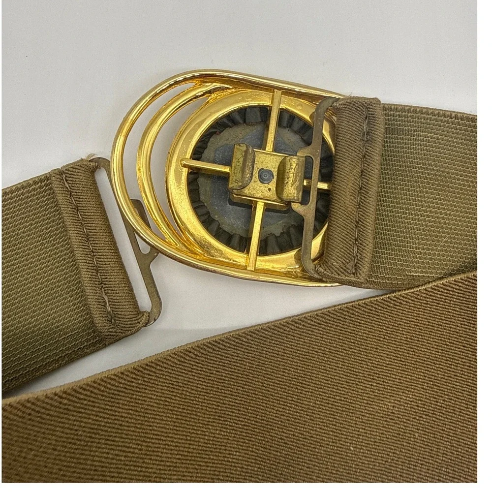 Vintage Wide Elastic Cinch Belt Olive Brown Gold Black Buckle Retro 25