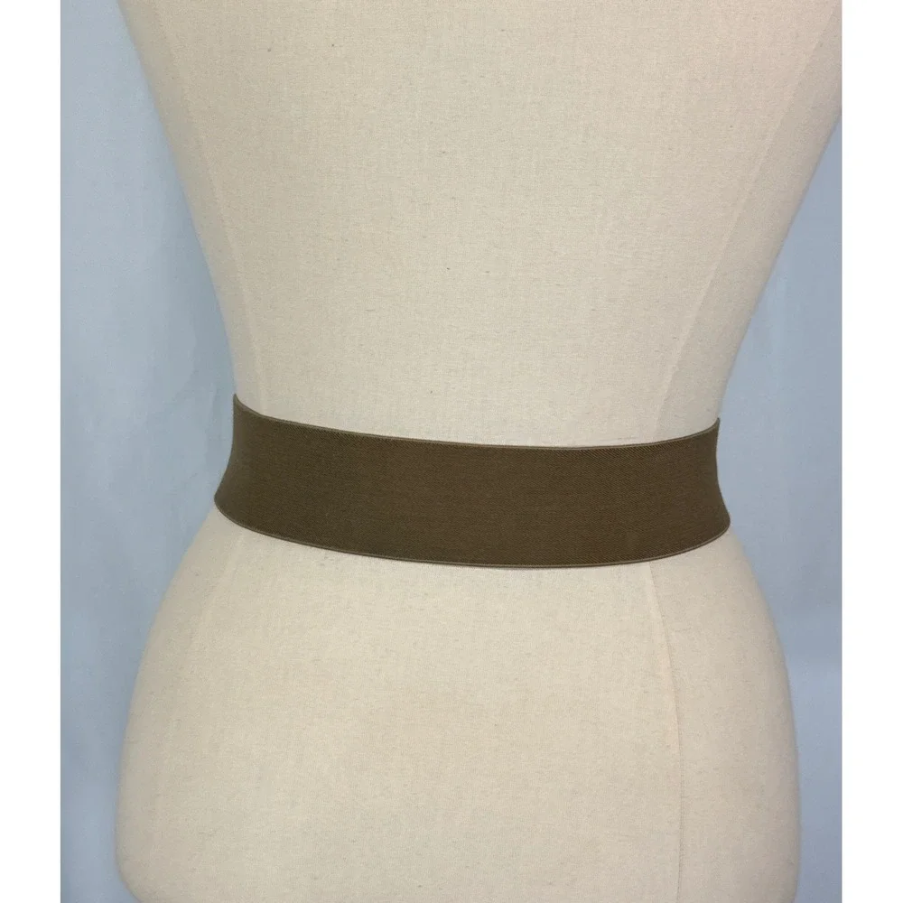 Vintage Wide Elastic Cinch Belt Olive Brown Gold Black Buckle Retro 25