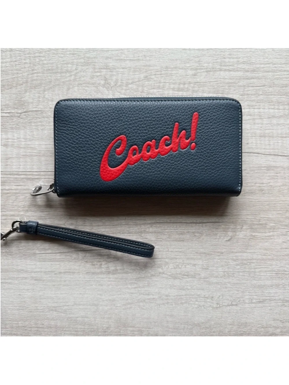 Coach Navy Leather Zip Wallet with Red Script Logo