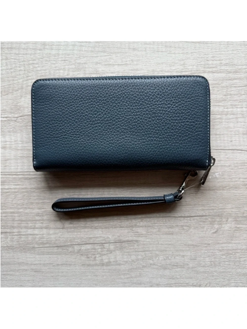 Coach Navy Leather Zip Wallet with Red Script Logo