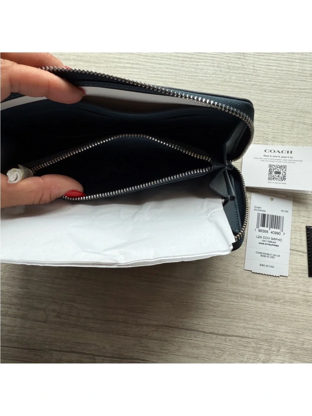 Coach Navy Leather Zip Wallet with Red Script Logo