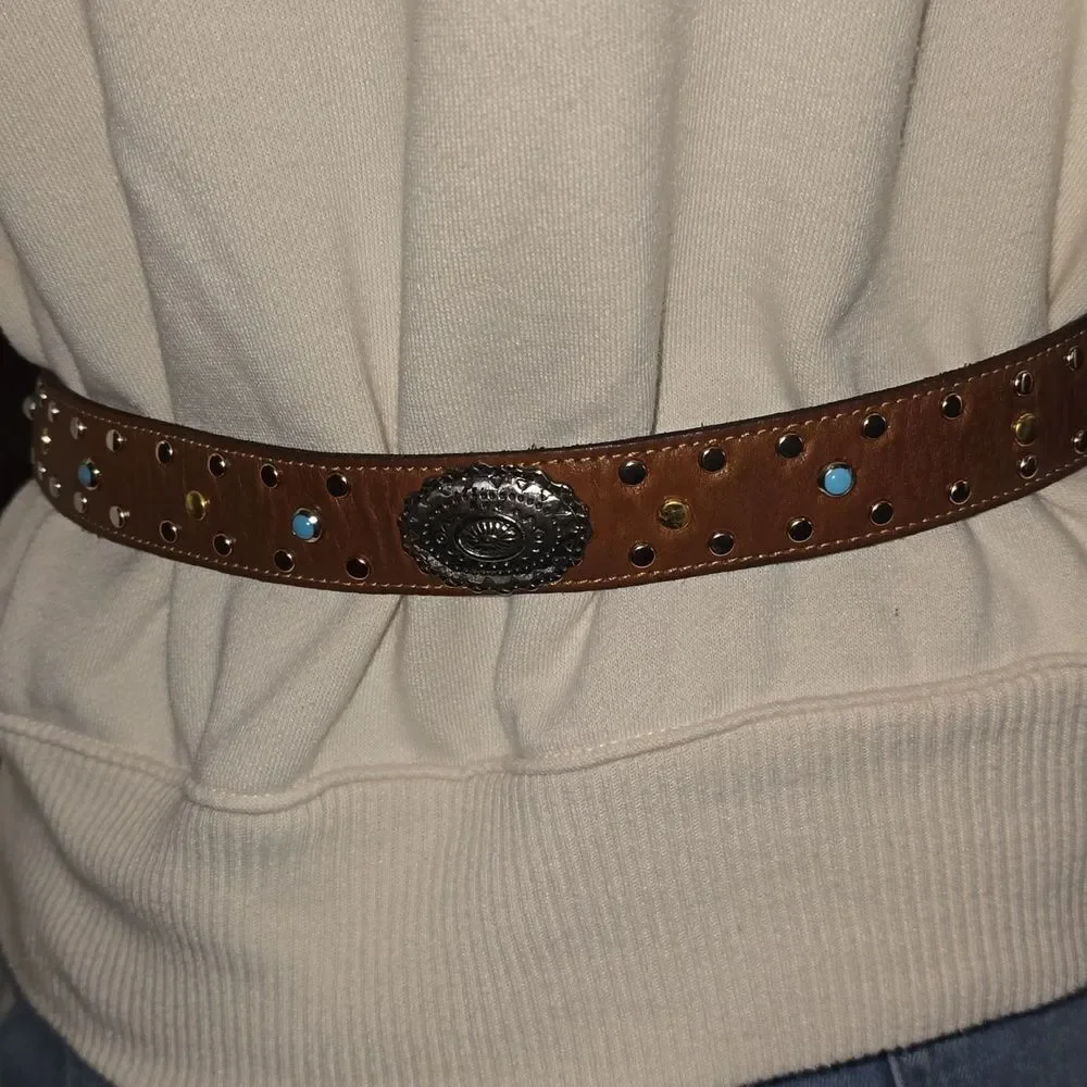 Western Studded Brown Leather Belt with Silver Buckle,34' Inch NWOT!