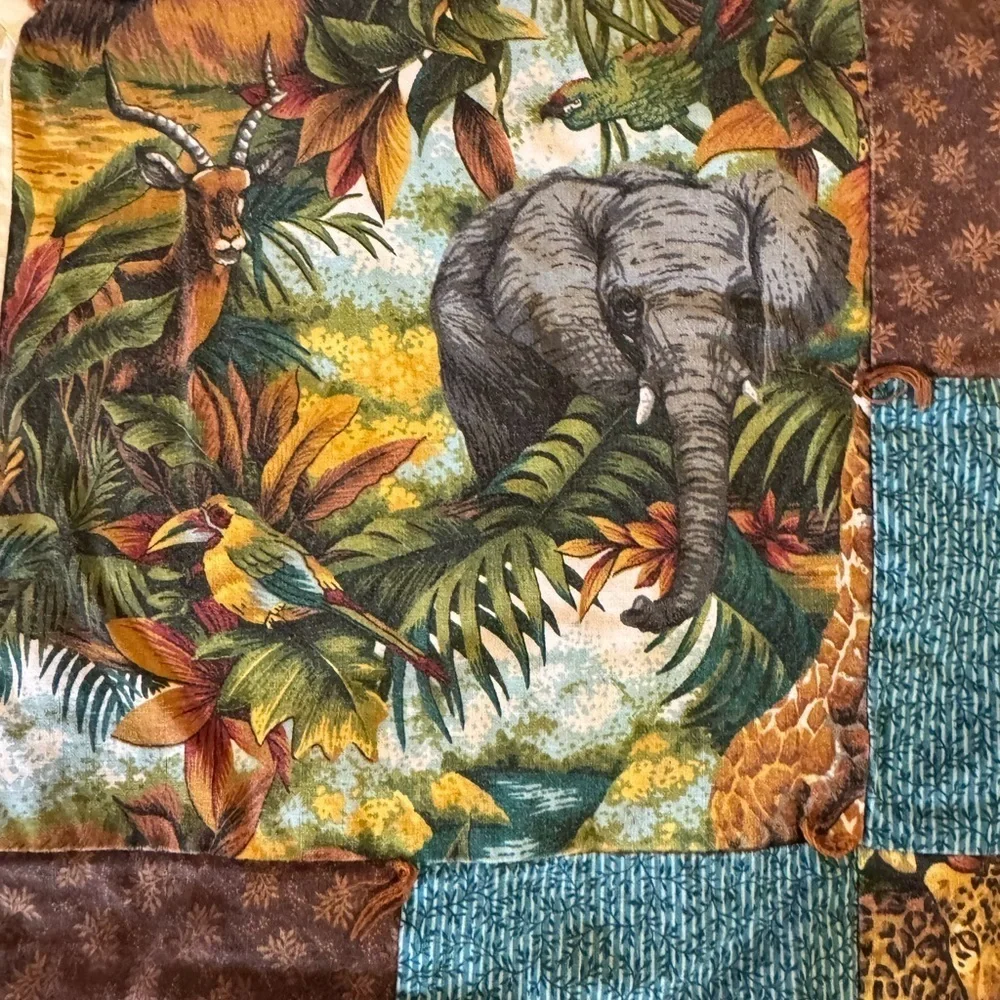 Jungle Printed Brown Handmade Reversible Quilt Elephants Leopards Lions 52 x 37