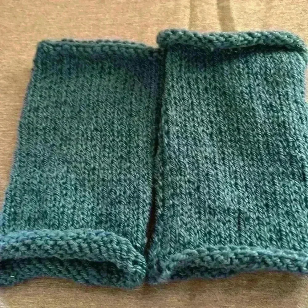 Fingerless Gloves wrist warmers  teal with flowers HandCrafted OSFM