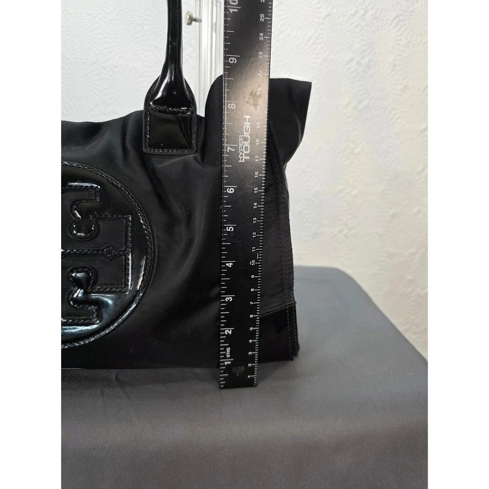Tory Burch Ella Tote Bag Black Nylon Patent Leather Trim Logo Shoulder Bag Scarf