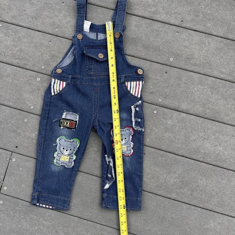Childs Bib Blue Jean  Overalls Size 2-3Y Embroidered Bear Patches 2 Size Adjusts