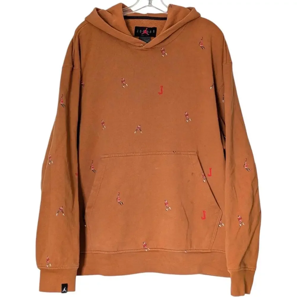 Jordan Hoodie‎ Mens XL Brown Allover Embroidered Jumpman Pullover Sweatshirt