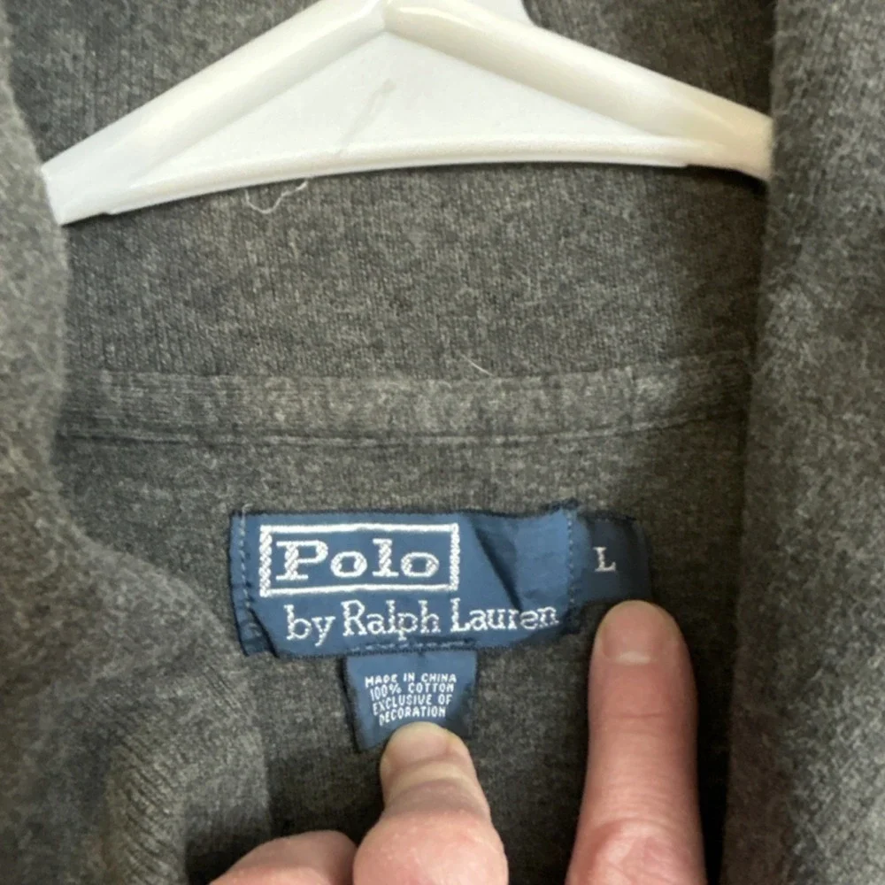 Polo Ralph Lauren Gray Shawl Collar herringbone‎ Knit Pullover Men's Size L Y2K