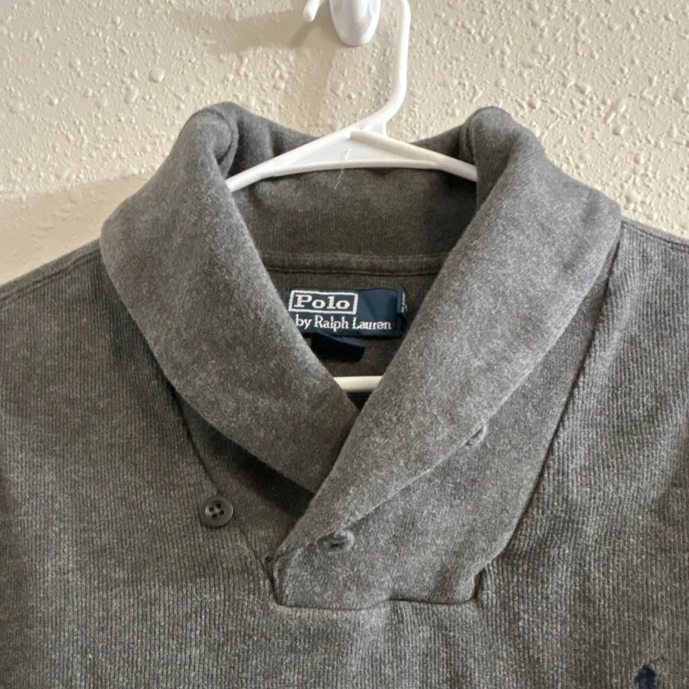 Polo Ralph Lauren Gray Shawl Collar herringbone‎ Knit Pullover Men's Size L Y2K