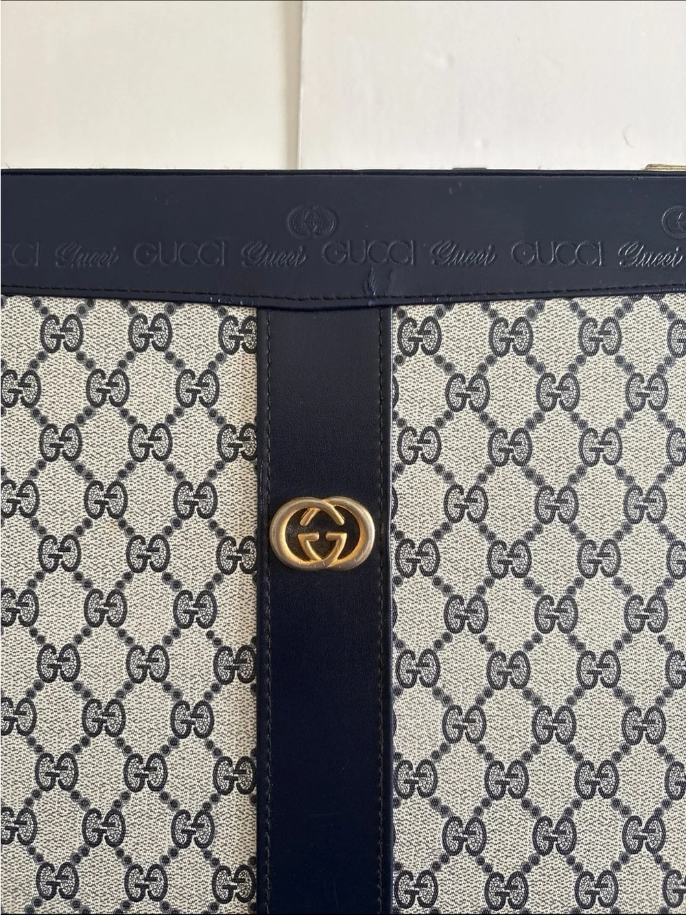 Authentic Gucci Monogram Canvas Top Handle Bag Briefcase in Navy & Beige