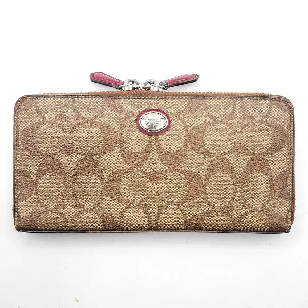 Coach Peyton Signature Accordion Zip Wallet Khaki Monogram Contemporary