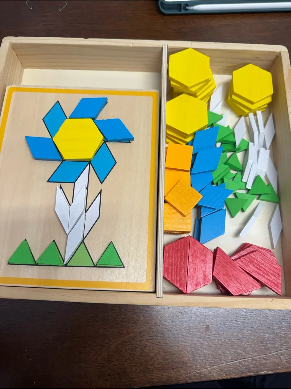 Wooden Pattern Blocks Geometric Puzzle Set - Yellow & Multicolor
