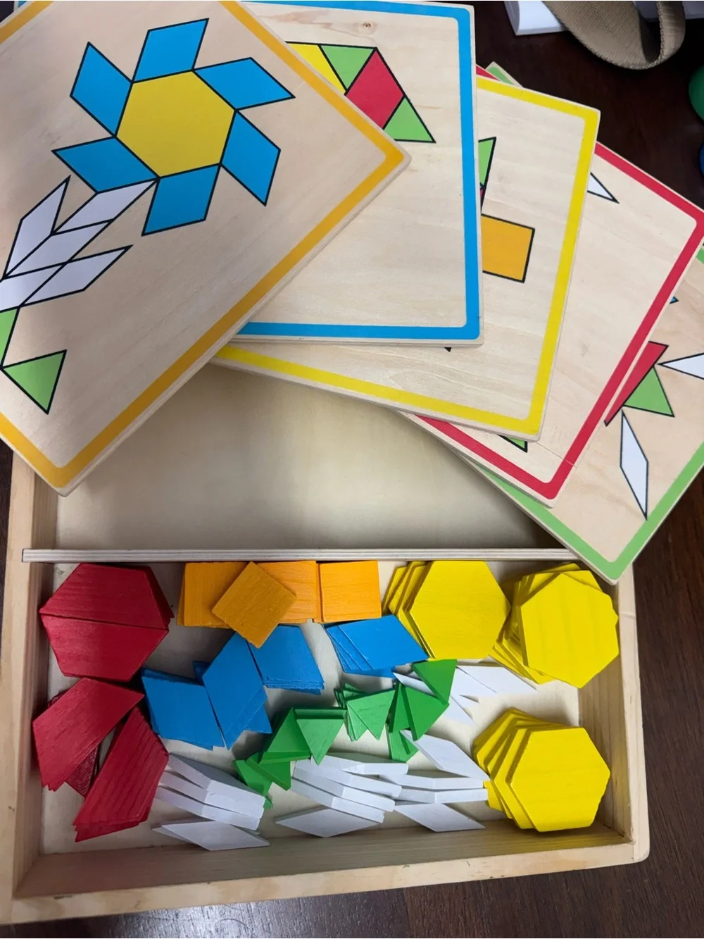 Wooden Pattern Blocks Geometric Puzzle Set - Yellow & Multicolor