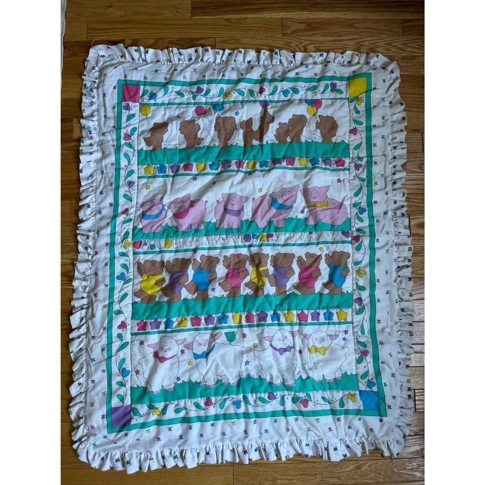 Vintage 80s Baby Quilt Blanket Ruffled Teddy Bear Pig Sheep Alphabet White 44x34