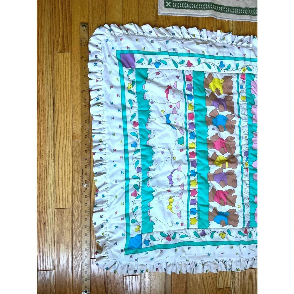 Vintage 80s Baby Quilt Blanket Ruffled Teddy Bear Pig Sheep Alphabet White 44x34