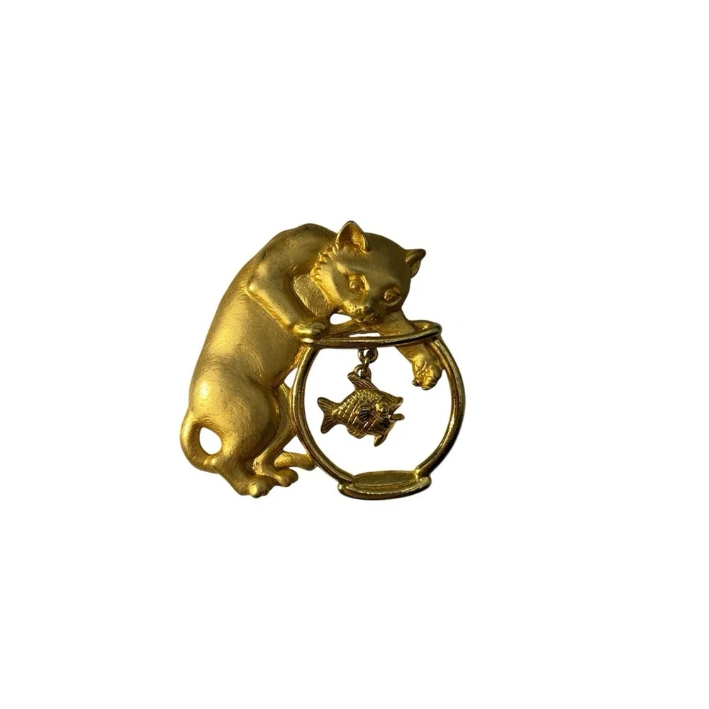 Vintage Signed JJ Jonette Gold Tone Cat Kitty Kitten Fish Bowl Brooch‎ Pin