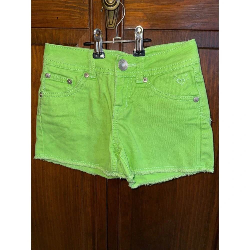 Justice Girls Neon Lime Green Denim Shorts Raw Hem Simply Low Size 7R