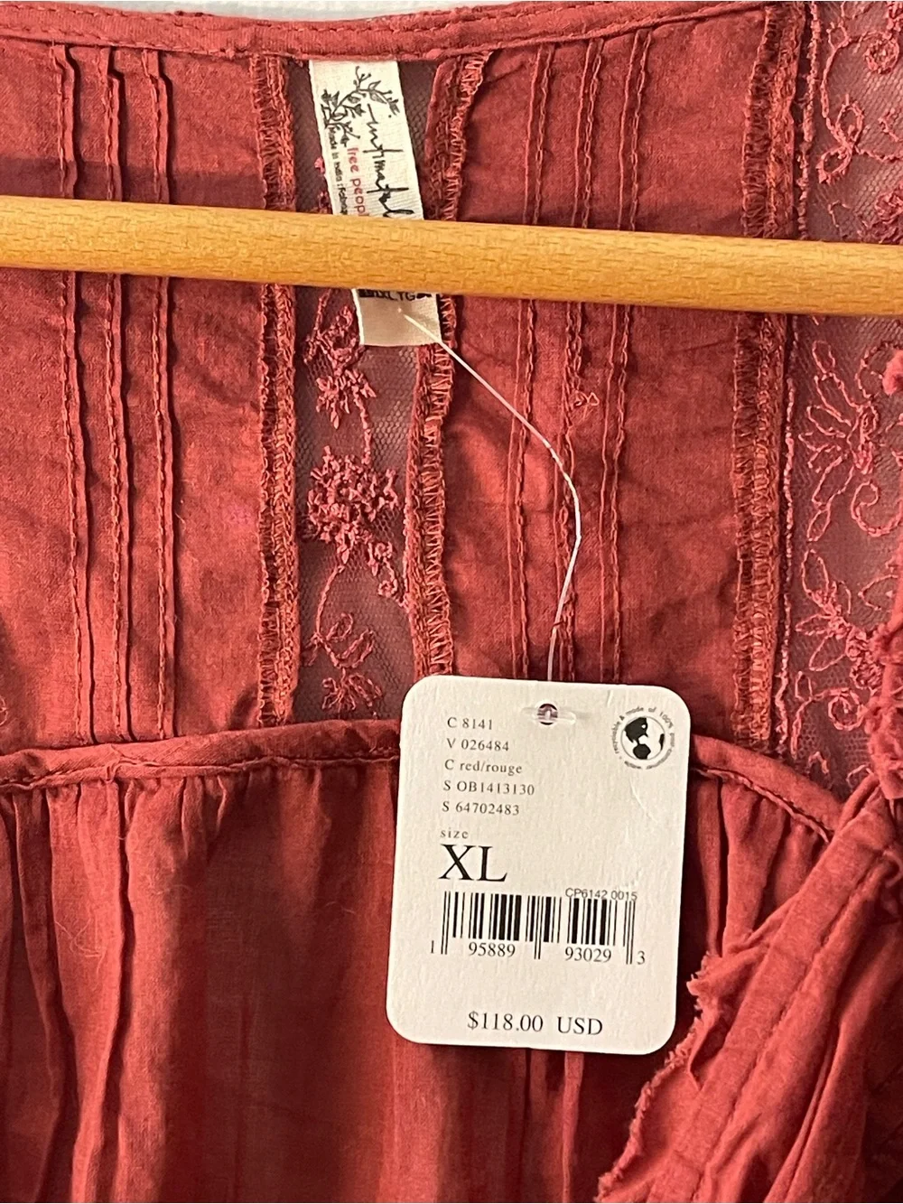 Free People Deep Red Lace Trim Long Sleeve Bodysuit