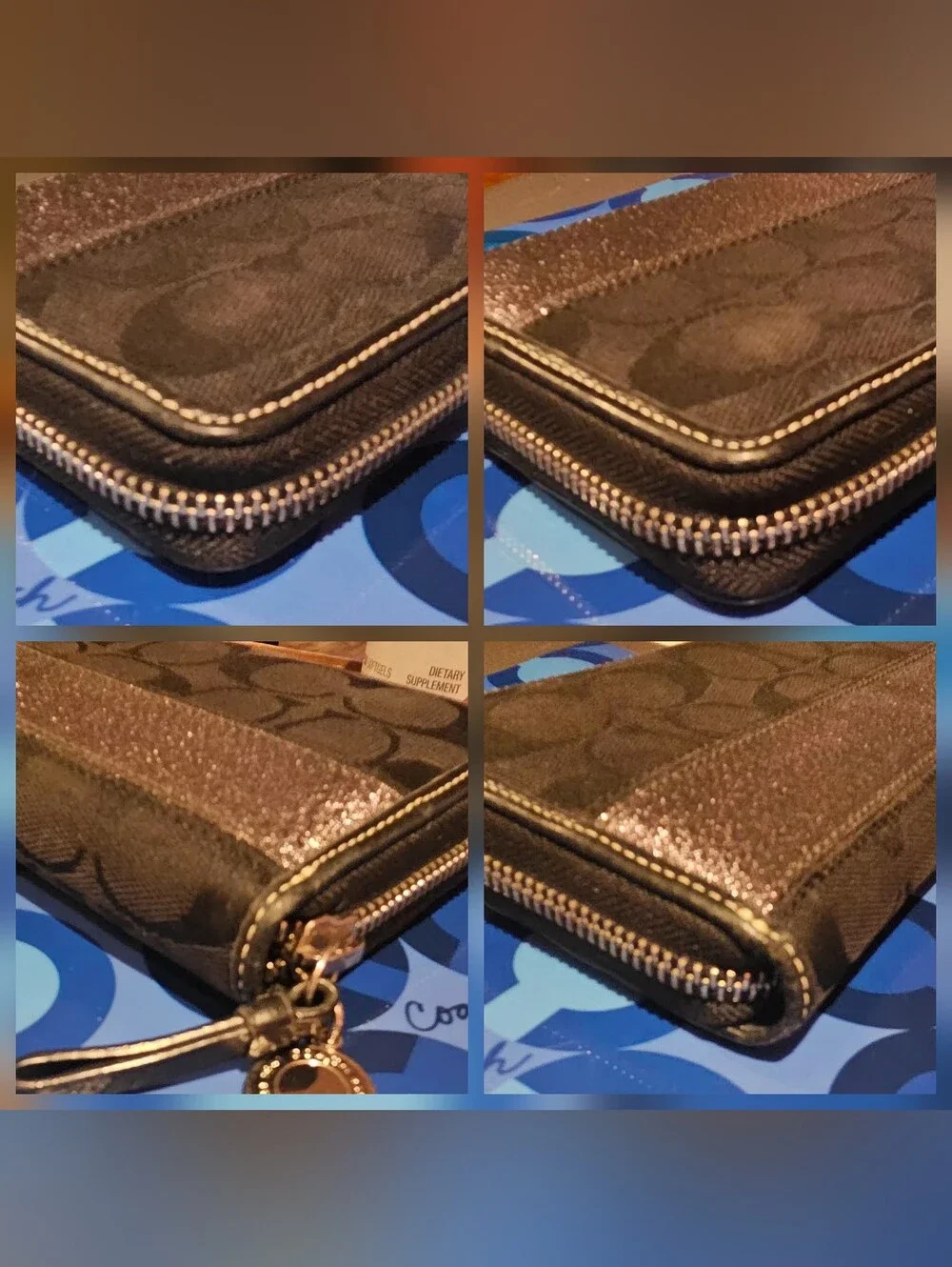 Coach Legacy Black Signature Zip Wallet with Metallic Stripe