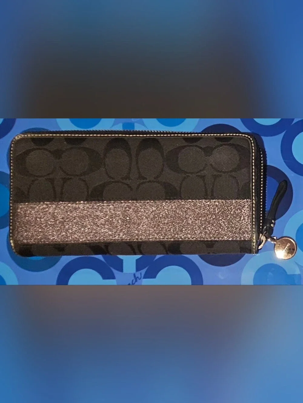 Coach Legacy Black Signature Zip Wallet with Metallic Stripe