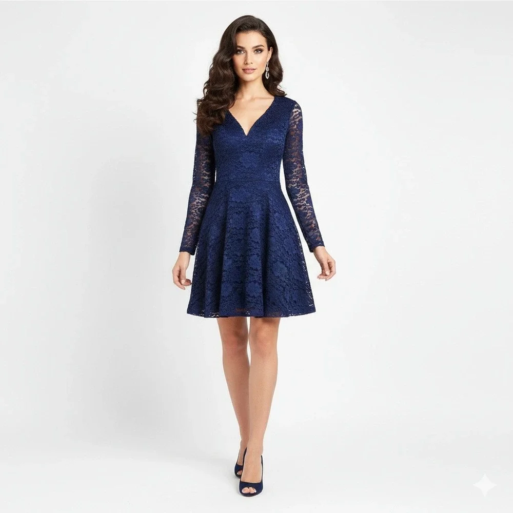 Trixxi Dress Womens XS‎ Blue V Neck Lace Overlay Keyhole Back Cocktail Night Out