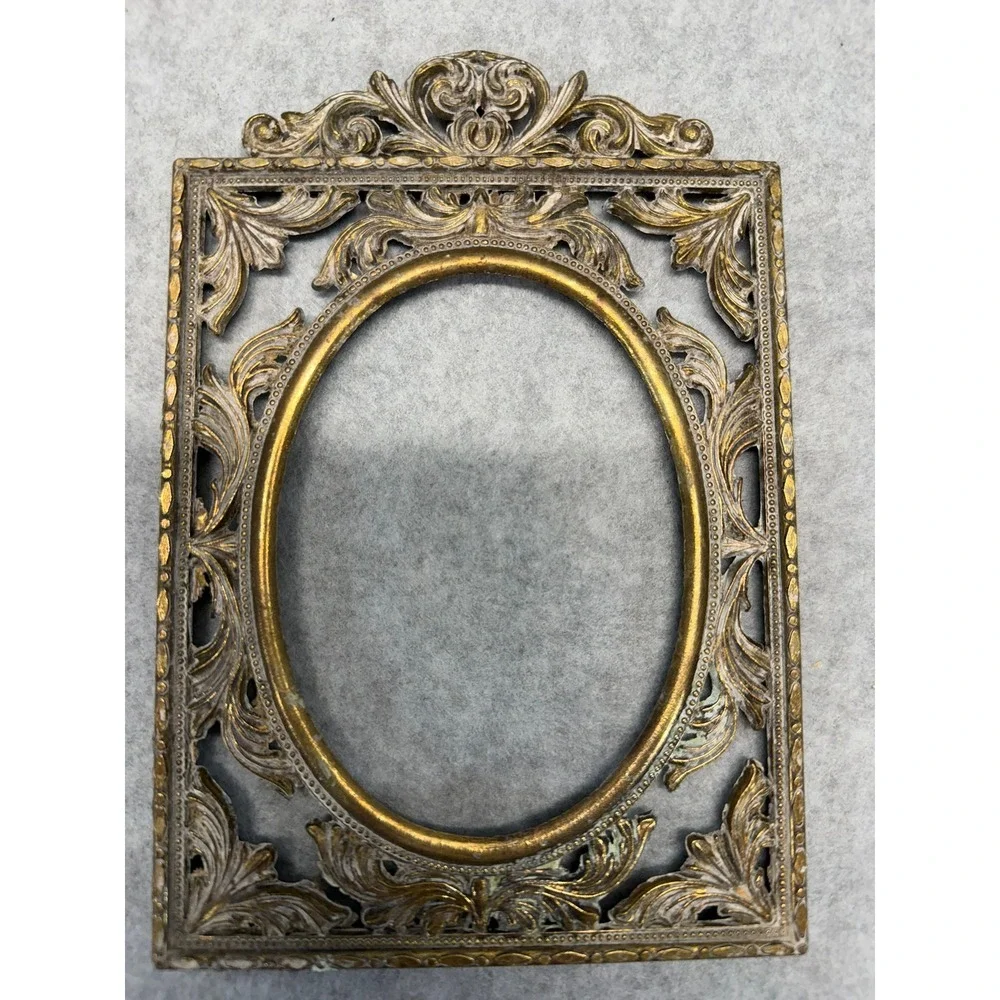 Vintage Ornate Brass Filigree Picture Frame Oval Opening Gold Victorian Style