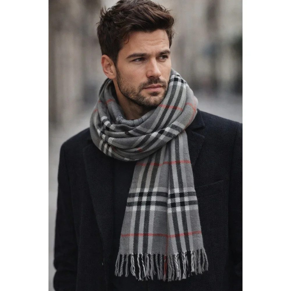 Gray Plaid Fringe Unisex Scarf‎ Winter Wrap Classic Preppy Heritage Cozy 66x12