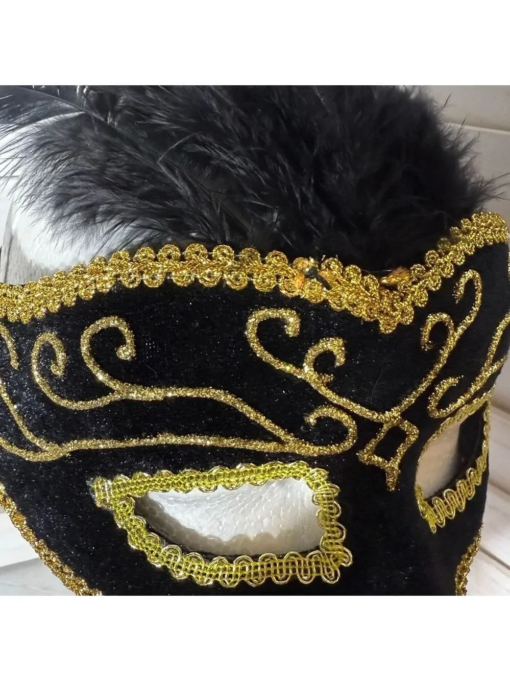 Masquerade Mask Black and Gold Embroidery Feathers OS