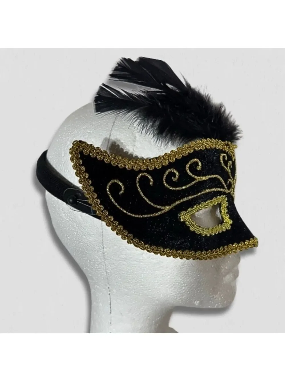 Masquerade Mask Black and Gold Embroidery Feathers OS