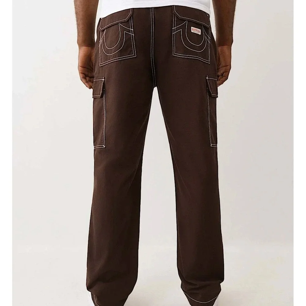 True‎ Religion Ripstop Cargo Brown Contrast Stitch Pants Straight Leg 36 Skater