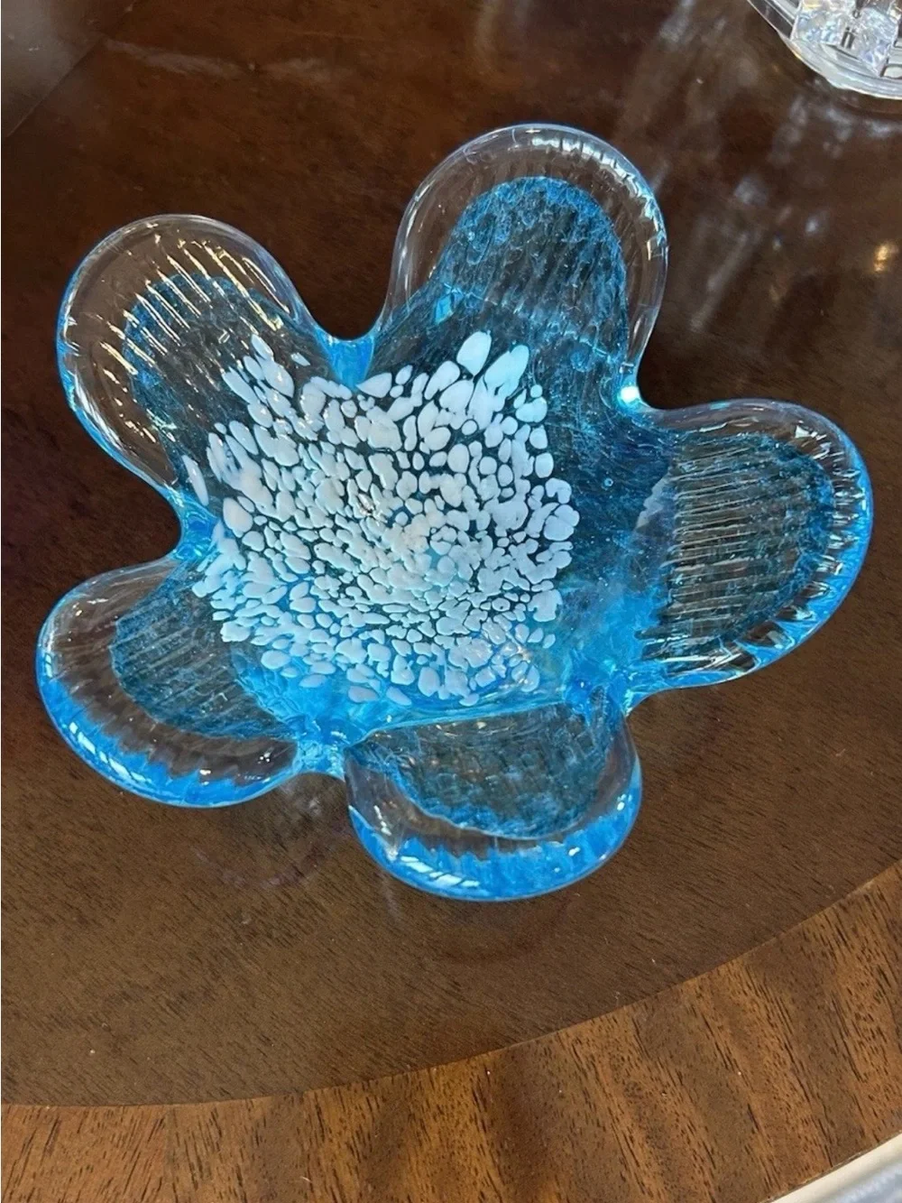 Crate & Barrel Handblown Aqua Blue Glass Flower Bowl 5