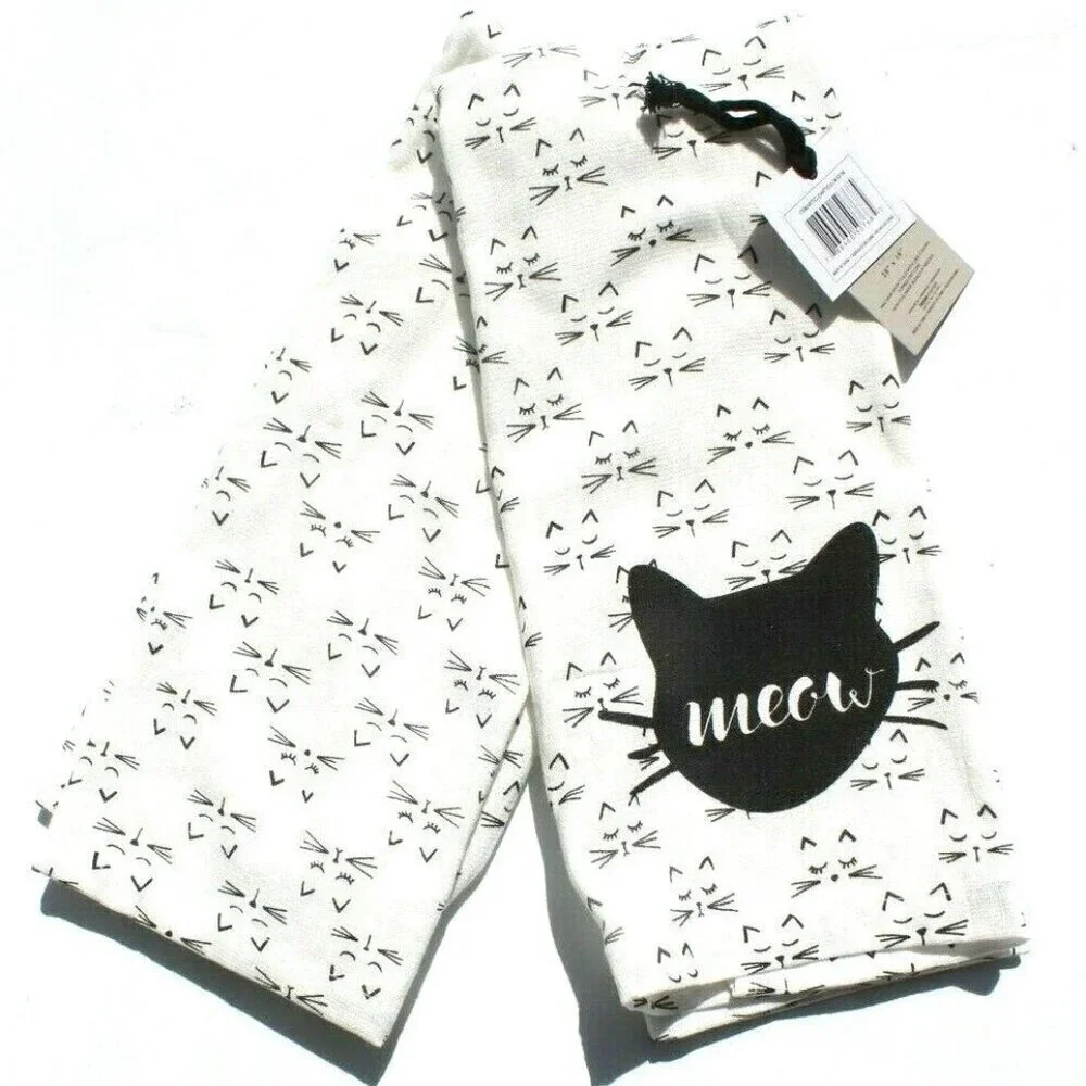Set Of 2 Modern Meow CATS Black & White 100% Cotton Kitchen Towel 28