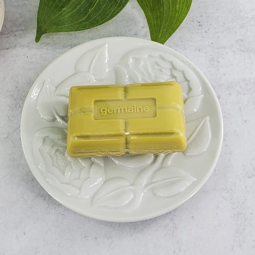 Vintage Germaine Cologne 2 Soap Bars Dish White Trinket Plate Rosepoint Lace Set