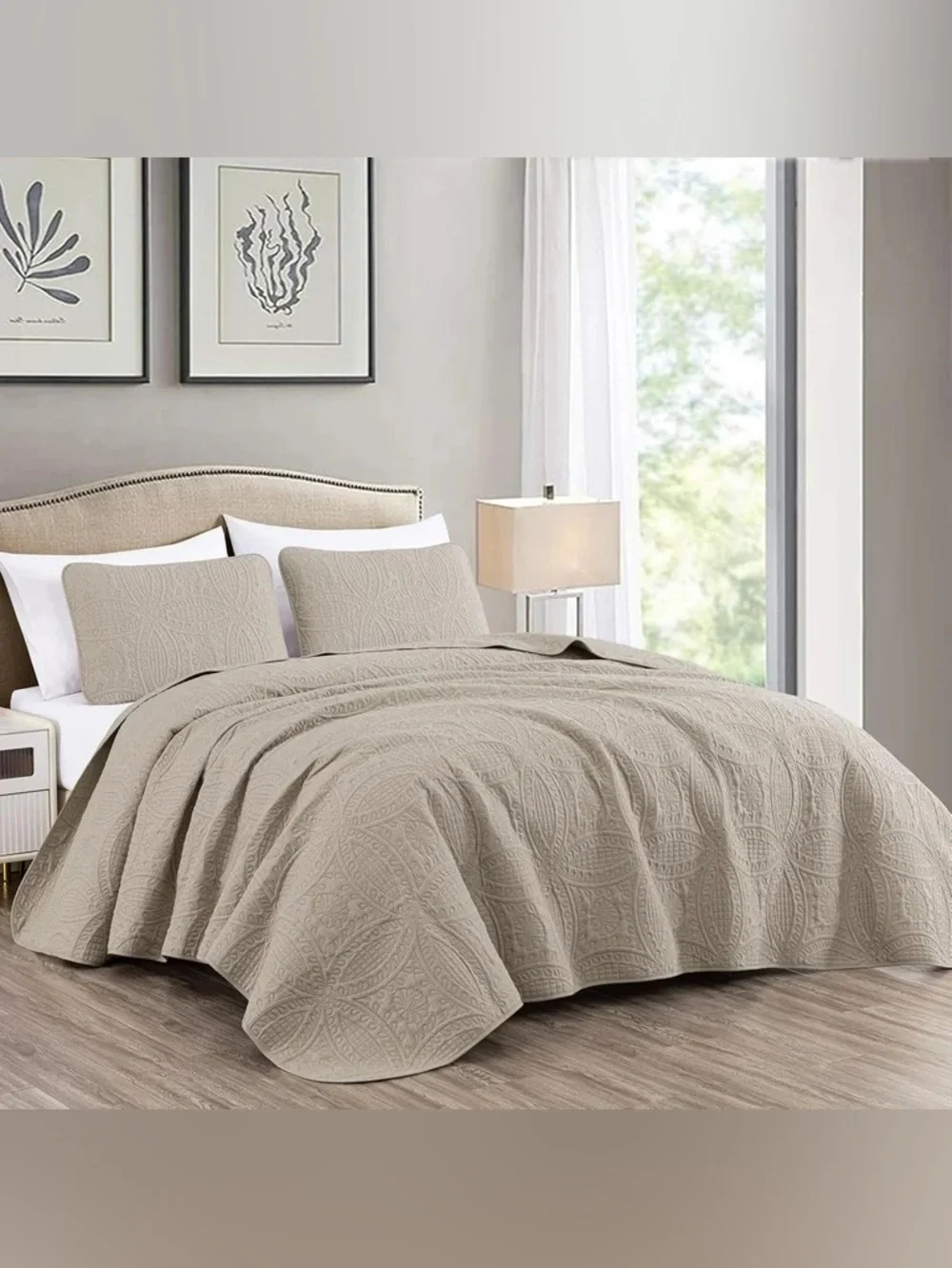 Neutral king 3 piece Quilted Bedspread Set - Taupe