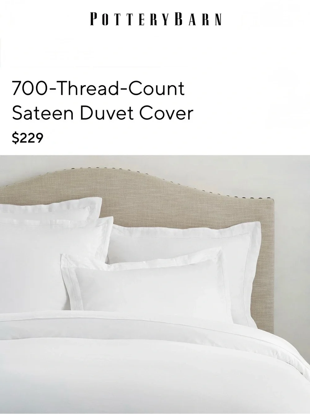 POTTERY BARN 700-Thread-Count Sateen Duvet Cover White