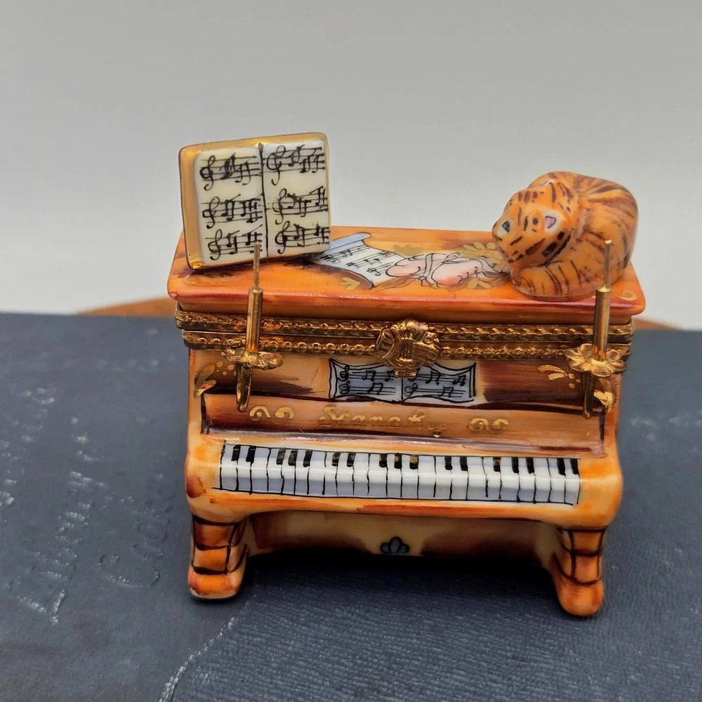 Vintage Limoges Trinket Box Piano Cat Candelabra Ballerina La Gloriette Painted