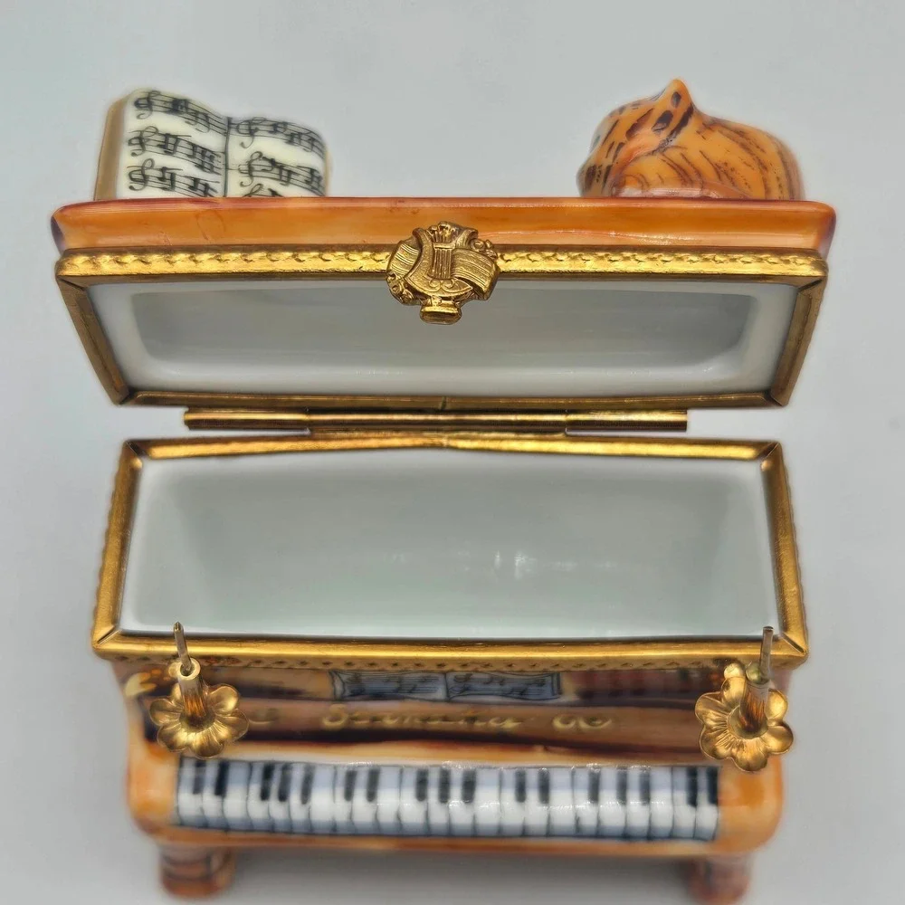 Vintage Limoges Trinket Box Piano Cat Candelabra Ballerina La Gloriette Painted