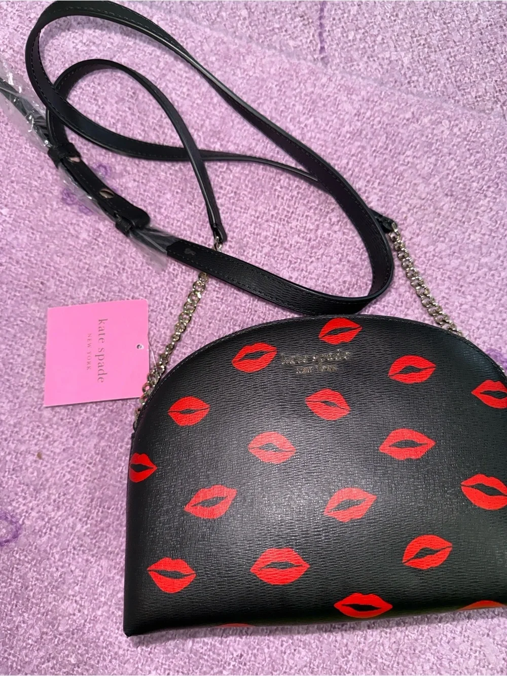 kate spade Black Leather Crossbody with Red Lip Print