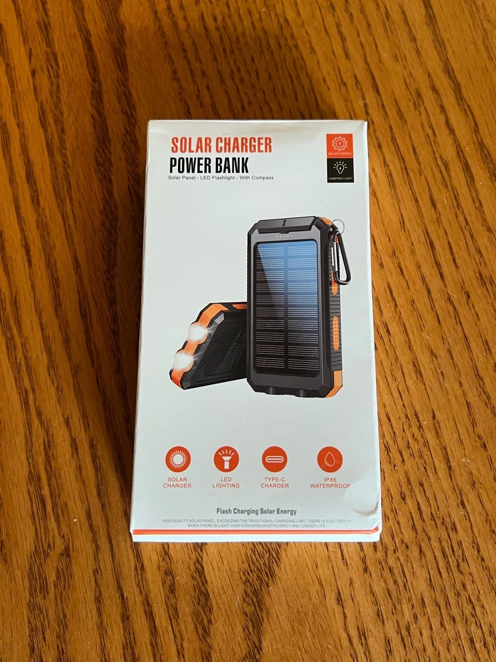 Portable Solar Power Bank with Compass - Black & Orange