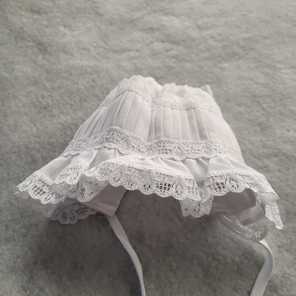 New Born Baby Bonnet Vintage 1986 White Open Back Tie Closure