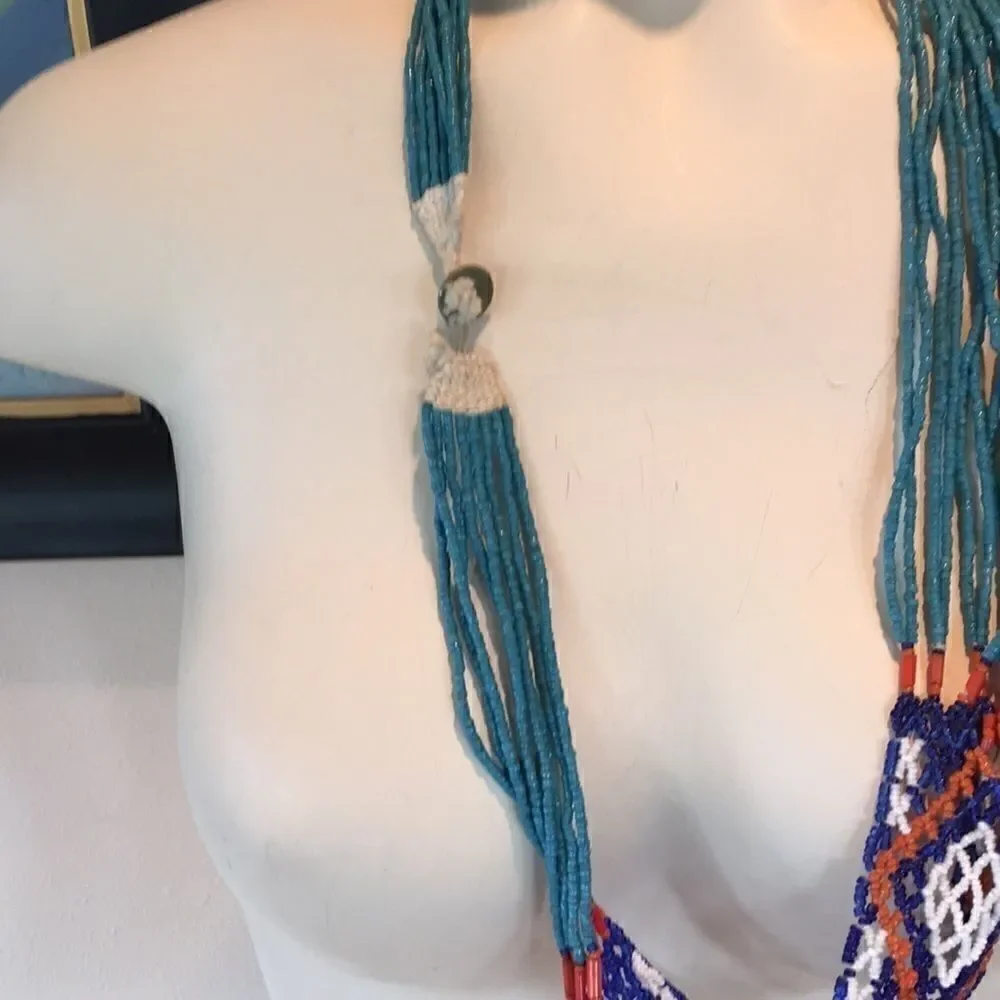 Handmade VTG 60’s belt/necklace glass bead Hand Crafted blue turquoise orange