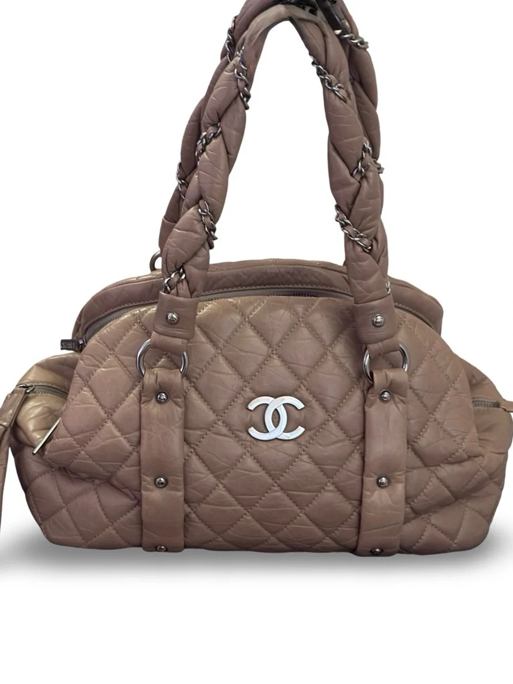 Chanel Lady Braid Bowler Bag Distressed Lambskin Taupe Quilted Satchel 13”