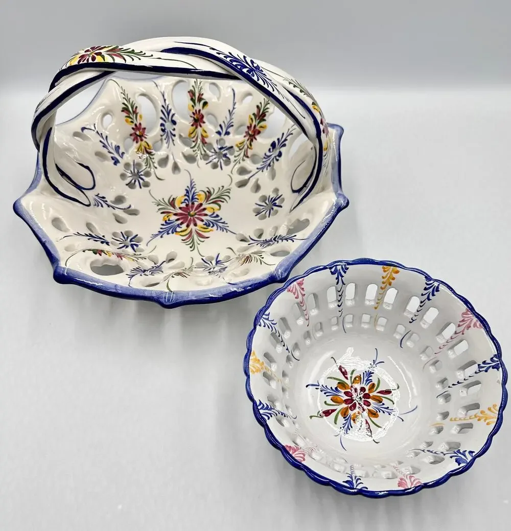RCCL Ceramic Hand Painted Floral Fruit Basket Braided Handle & Bowl Set Portugal