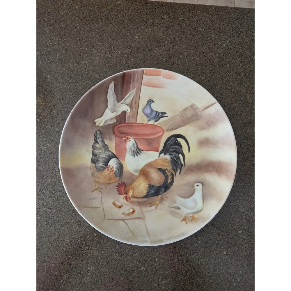 Geraldine Bray Hand Painted Farmhouse Rooster and Hens Decorative Ceramic Plate
