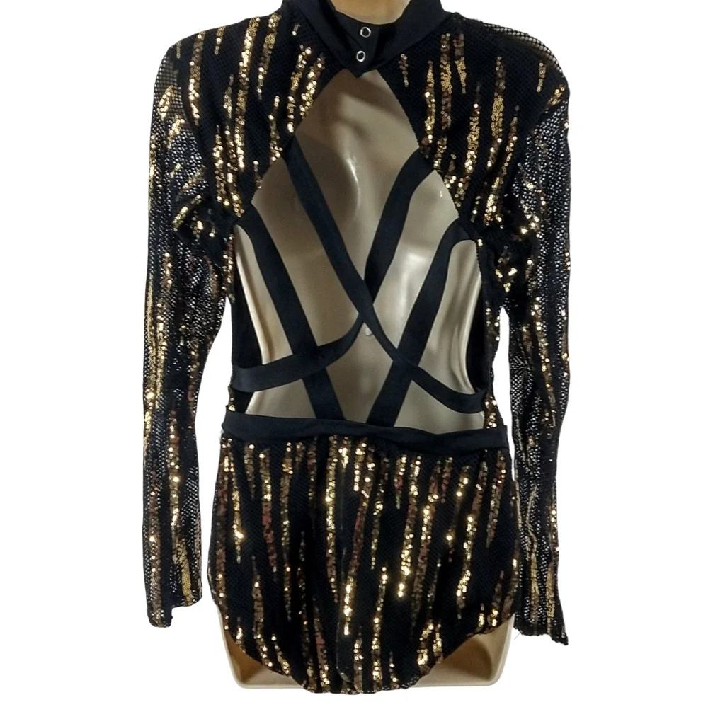 Kelle Black and Gold Sequin Leotard Dance Costume