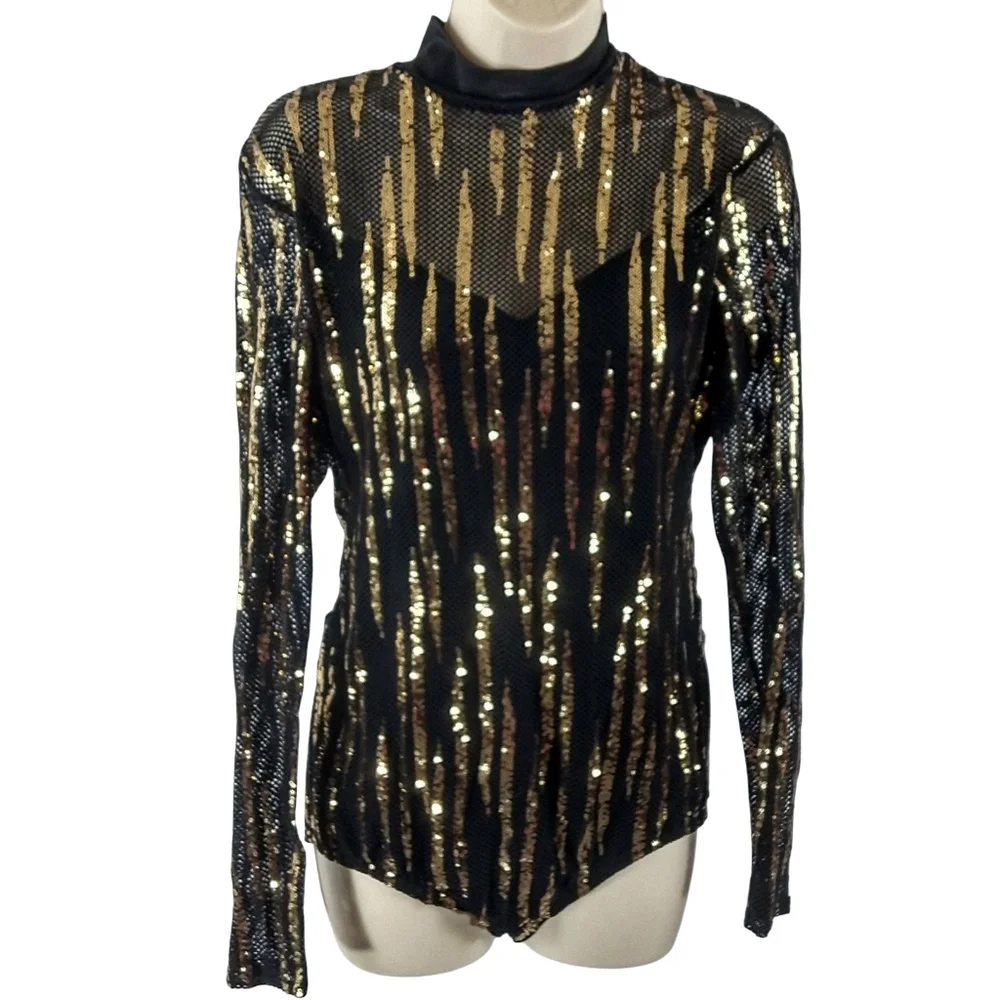 Kelle Black and Gold Sequin Leotard Dance Costume