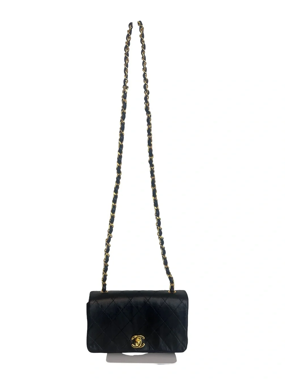 CHANEL Black Quilted Lambskin Mini Flap Bag with Gold Chain
